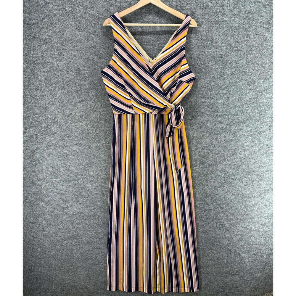 New Speechless Jumpsuit Women 2XL Beige Striped V-Neck Zipper Lined Sleeveless